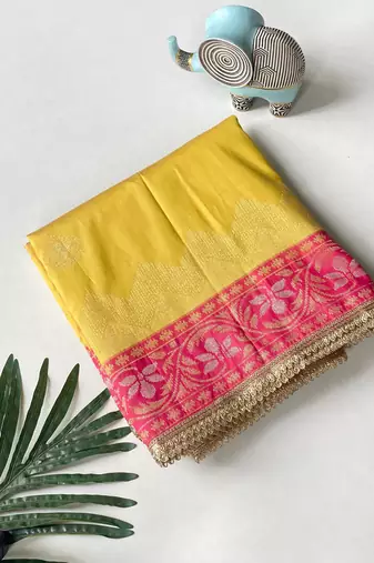yellow color zari weaves contrast pallu and designer chaap border silk blend saree
