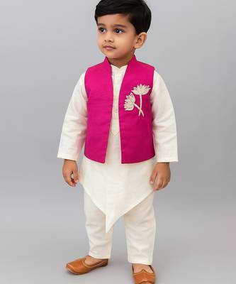 White pink embroidered silk blend kurta jacket set 1