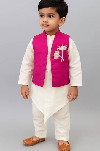 White pink embroidered silk blend kurta jacket set