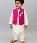 White pink embroidered silk blend kurta jacket set