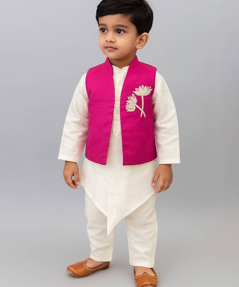 White pink embroidered silk blend kurta jacket set