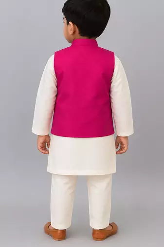 White pink embroidered silk blend kurta jacket set
