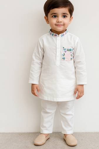 White embroidered silk blend kurta set