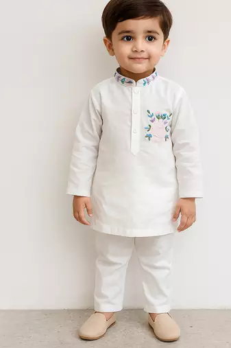 White embroidered silk blend kurta set