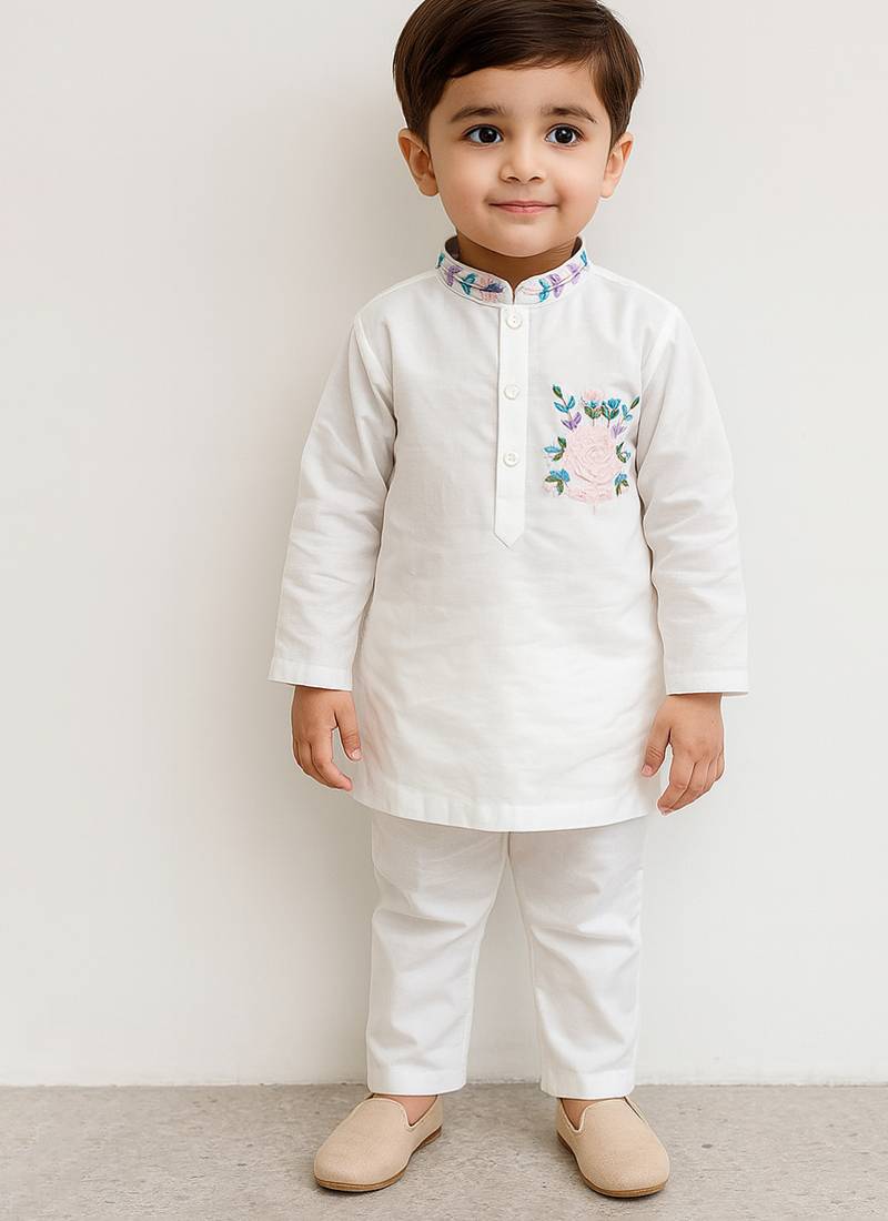 White embroidered silk blend kurta set
