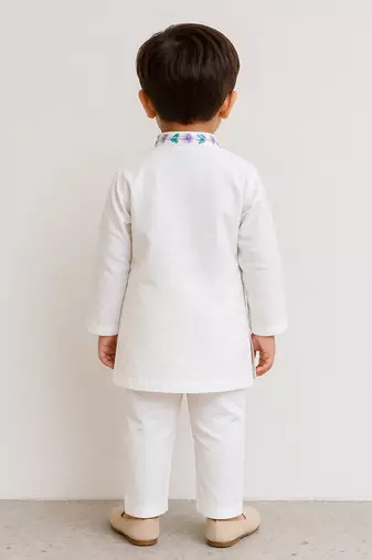 White embroidered silk blend kurta set
