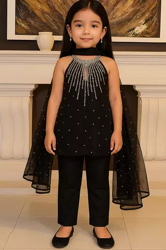 Black embroidered silk blend kurti set