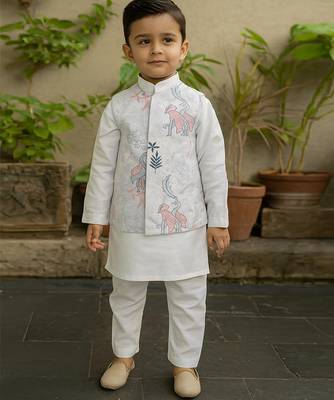 White printed silk blend kurta jacket set 1