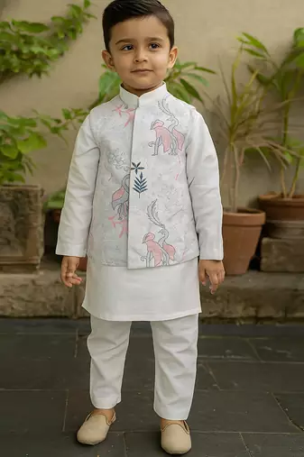 White printed silk blend kurta jacket set