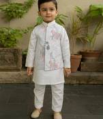 White printed silk blend kurta jacket set