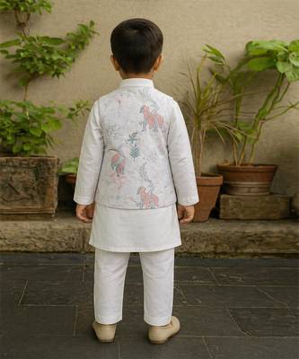 White printed silk blend kurta jacket set 2