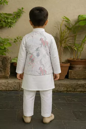White printed silk blend kurta jacket set