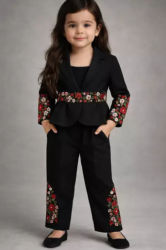 Black embroidered japanese crepe jacket co ord set