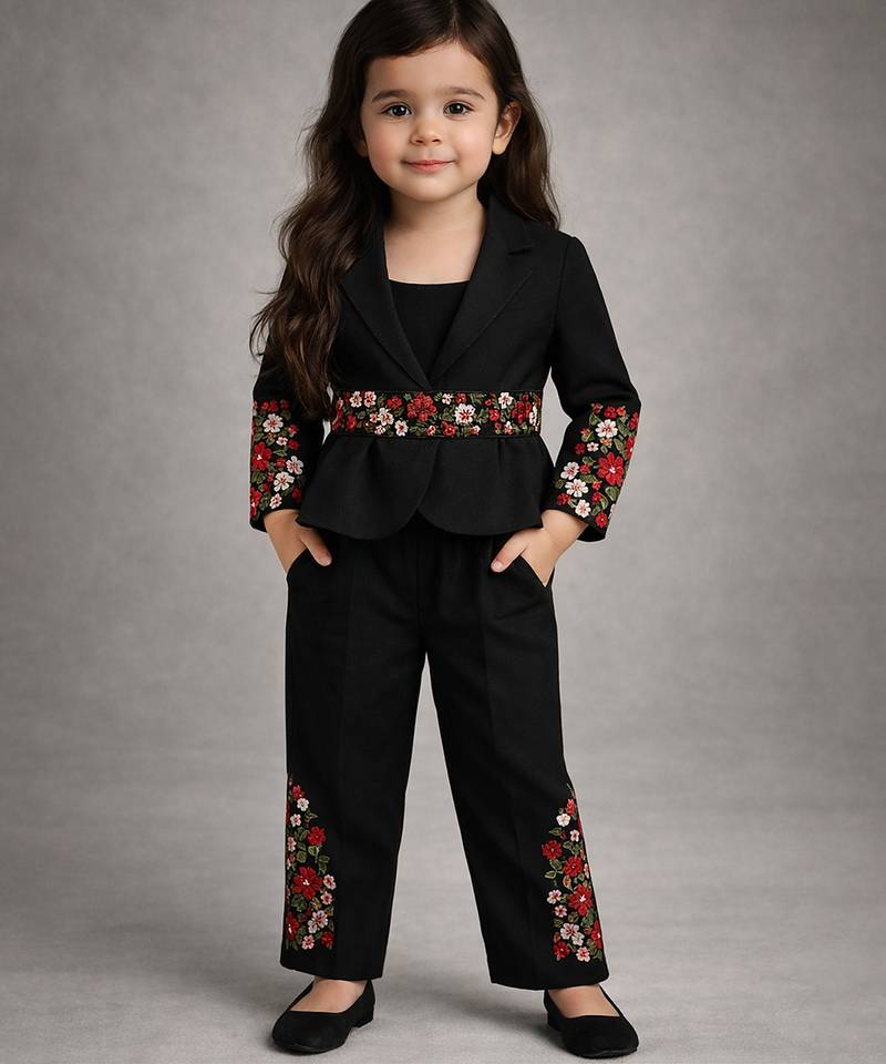 Black embroidered japanese crepe jacket co ord set