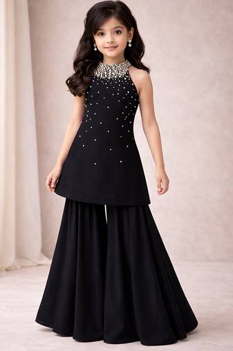 Black embroidered georgette sharara co ord set