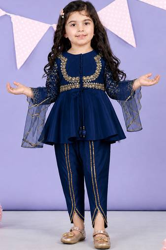 Royal blue embroidered silk blend dhoti kurti set