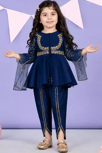 Royal blue embroidered silk blend dhoti kurti set
