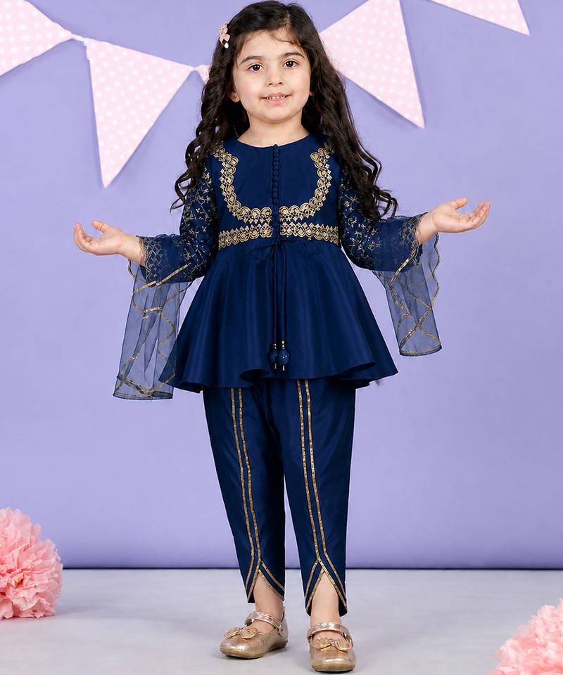 Royal blue embroidered silk blend dhoti kurti set