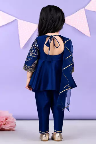 Royal blue embroidered silk blend dhoti kurti set