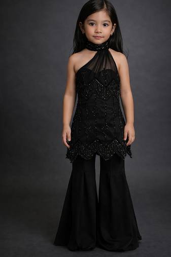 Black embroidered georgette indo western set