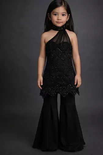 Black embroidered georgette indo western set