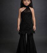 Black embroidered georgette indo western set