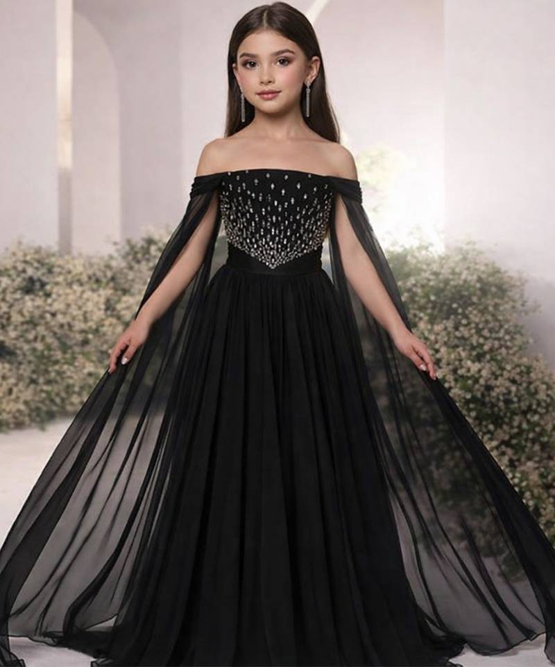 Black embroidered georgette gown