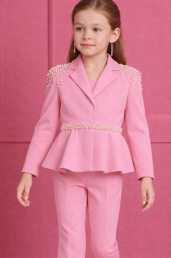 Pink embroidered japanese crepe blazer and pant set