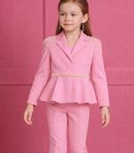 Pink embroidered japanese crepe blazer and pant set
