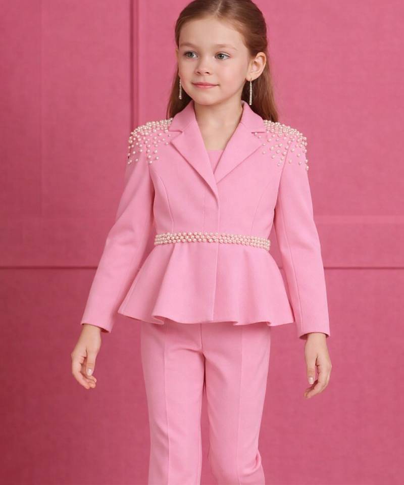Pink embroidered japanese crepe blazer and pant set