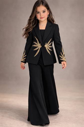 Black embroidered japanese crepe co ord set