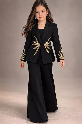 Black embroidered japanese crepe co ord set