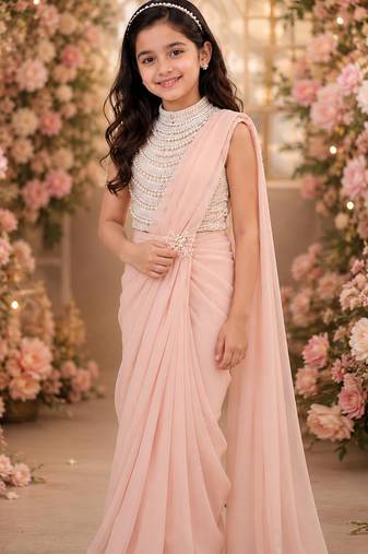 Peach pink embroidered georgette drape saree set