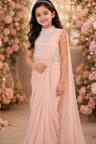 Peach pink embroidered georgette drape saree set