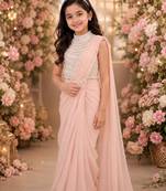 Peach pink embroidered georgette drape saree set