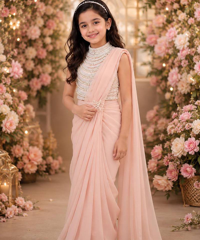 Peach pink embroidered georgette drape saree set