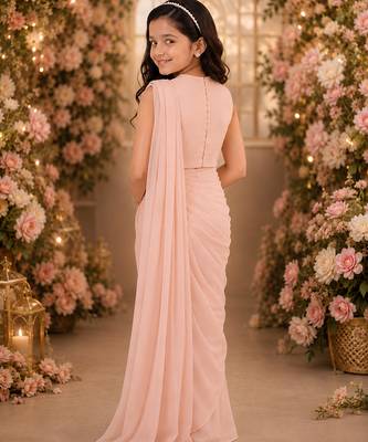 Peach pink embroidered georgette drape saree set 2