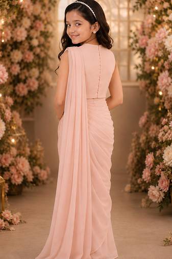 Peach pink embroidered georgette drape saree set