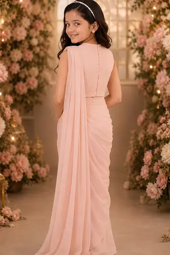 Peach pink embroidered georgette drape saree set