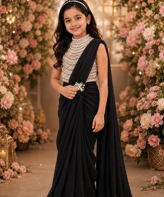 Black embroidered georgette drape saree set 1