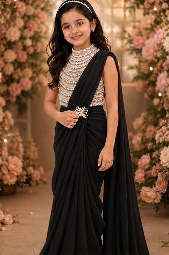 Black embroidered georgette drape saree set