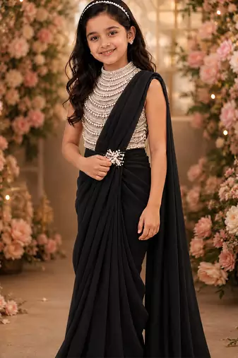 Black embroidered georgette drape saree set