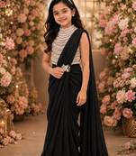 Black embroidered georgette drape saree set