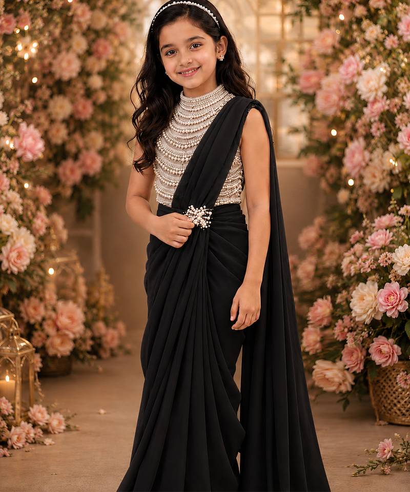 Black embroidered georgette drape saree set