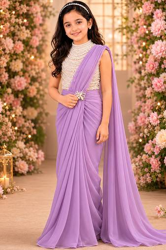 Lilac embroidered georgette drape saree set