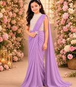 Lilac embroidered georgette drape saree set