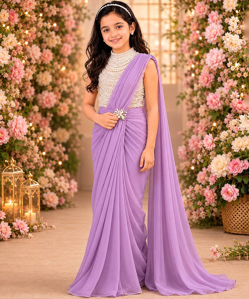 Lilac embroidered georgette drape saree set