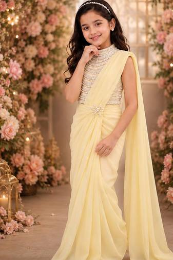 Yellow embroidered georgette drape saree set
