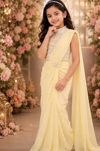 Yellow embroidered georgette drape saree set