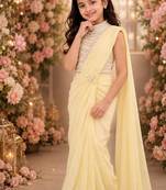 Yellow embroidered georgette drape saree set